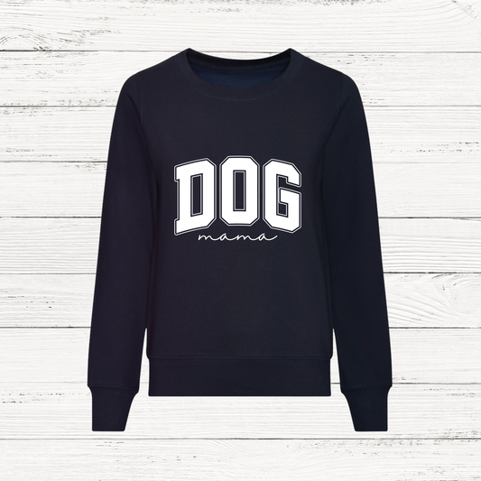 Black sweatshirt with 'DOG mama' text on a white wooden background