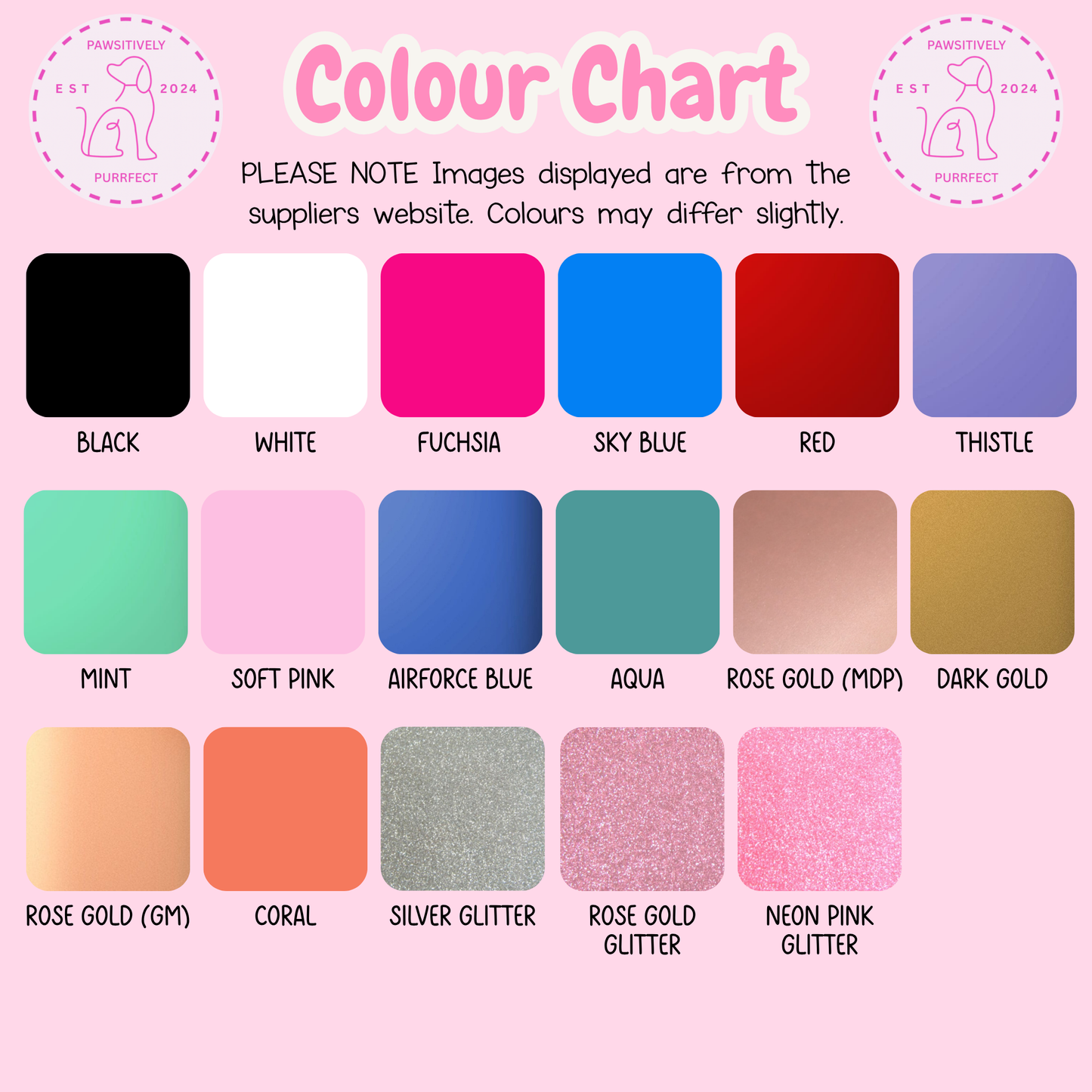 Color chart with various color swatches on a pink background