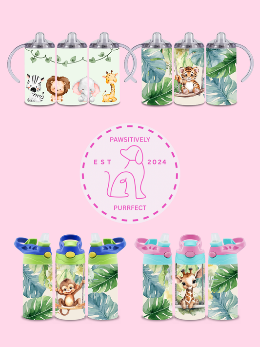Set of children's sippy cups and water bottles with animal designs on a pink background, featuring the brand 'PAWSITIVELY'.