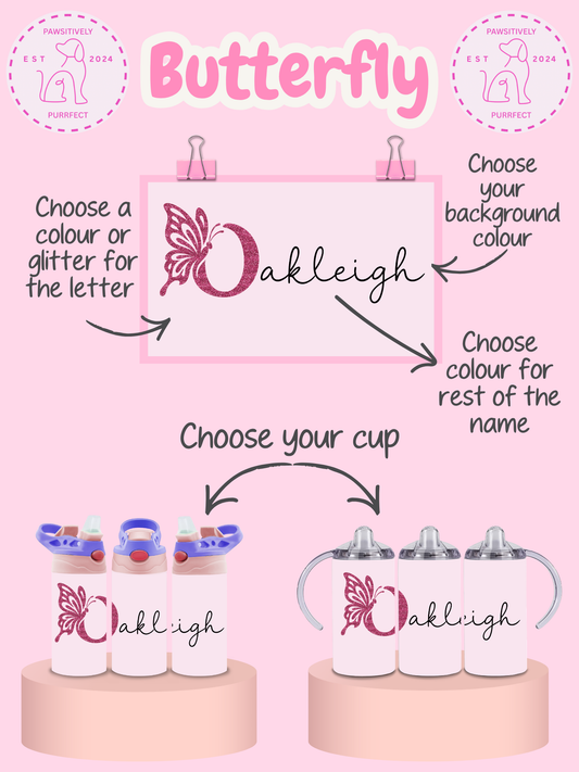 Personalization options for baby bottles with a butterfly design and name 'Oakleigh' on a pink background.