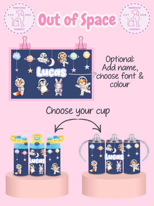 Children's sippy cups with space-themed design and option to add name, font, and color.