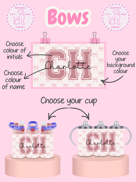 Personalized cup and bow design options with customizable initials and name on a pink background.
