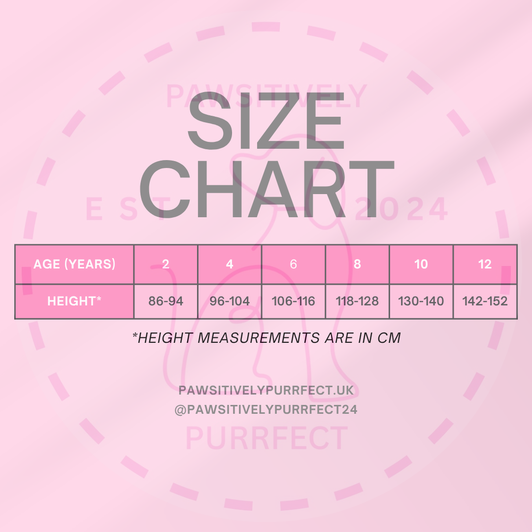 Size chart for children's clothing with height measurements on a pink background, featuring the brand 'Pawsitively Purrfect'.
