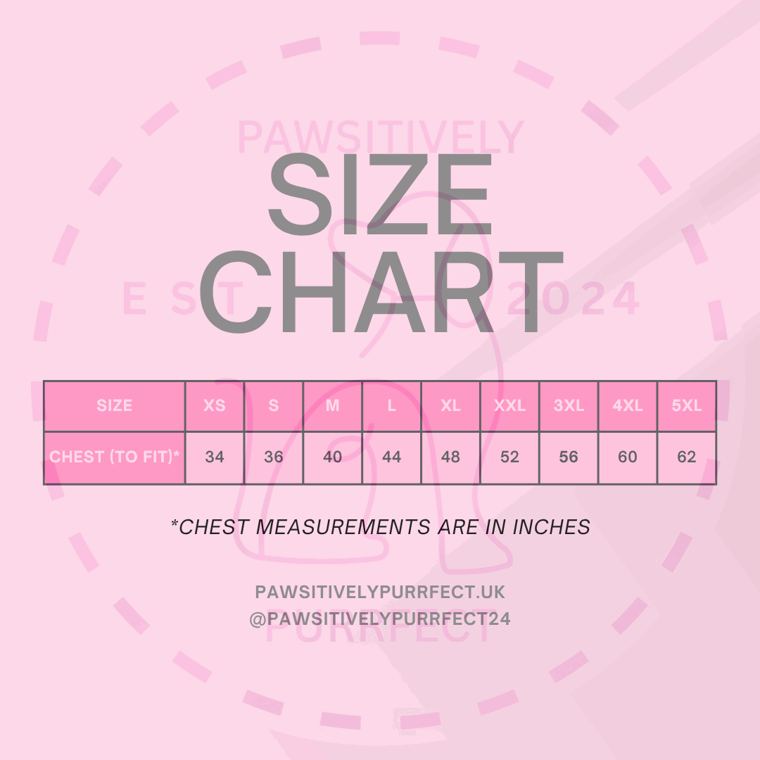 Size chart for clothing on a pink background with 'PAWSITIVELY' branding.