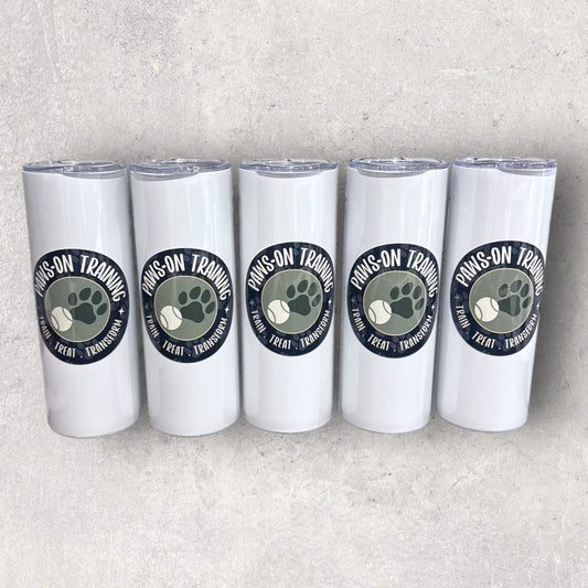 Five personalised business tumblers with Paws on Training logo