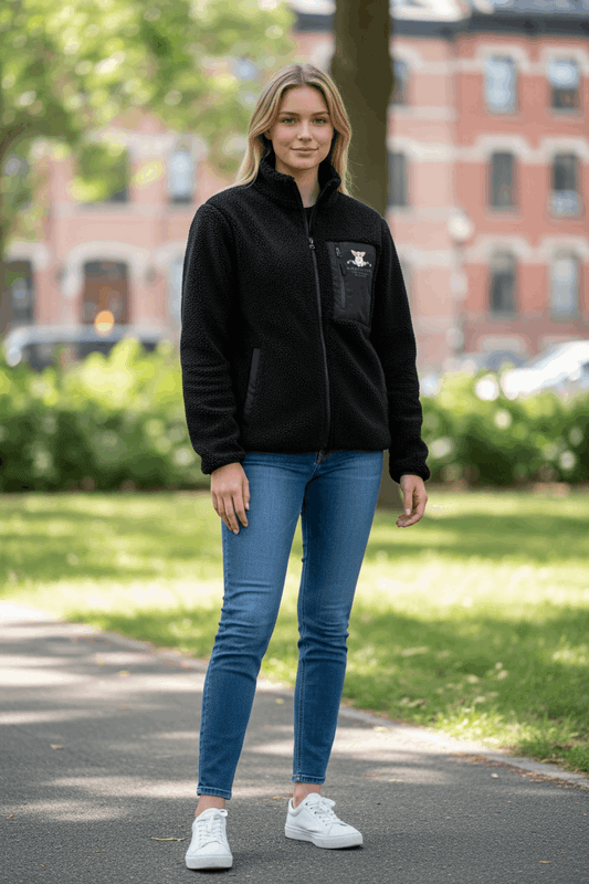 Woman wearing a black borg fleece workwear jacket outdoors