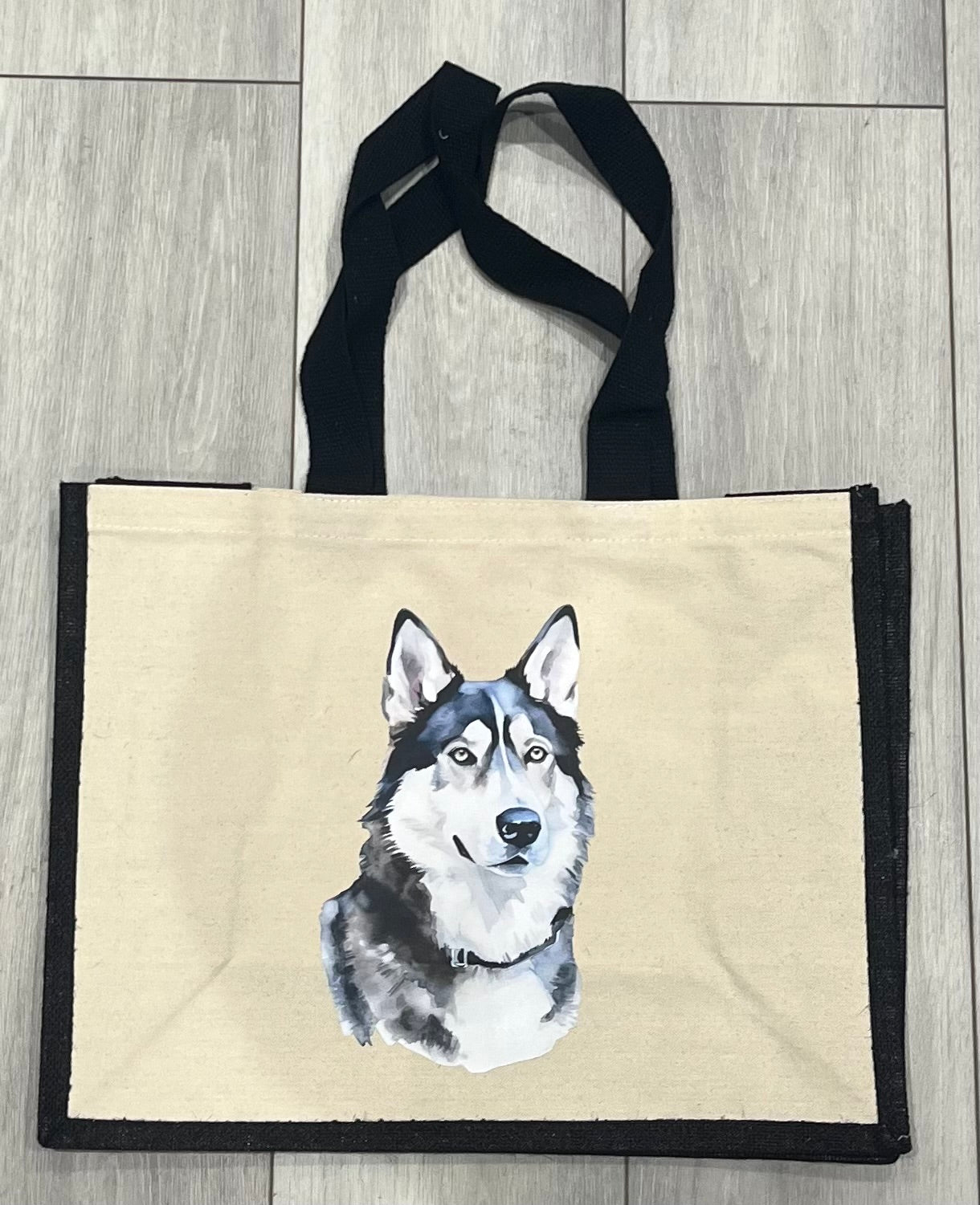 Personalised tote bag with a black and white husky on