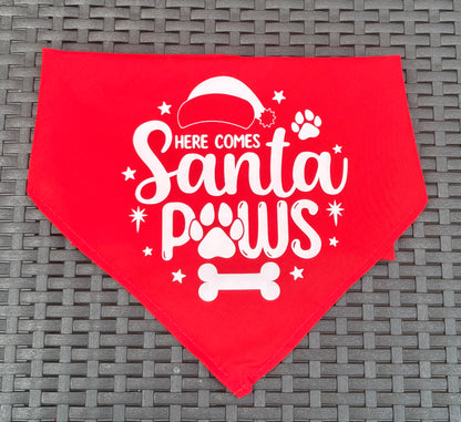 Personalised Christmas Pet Tie Bandana - One Size here comes santa paws