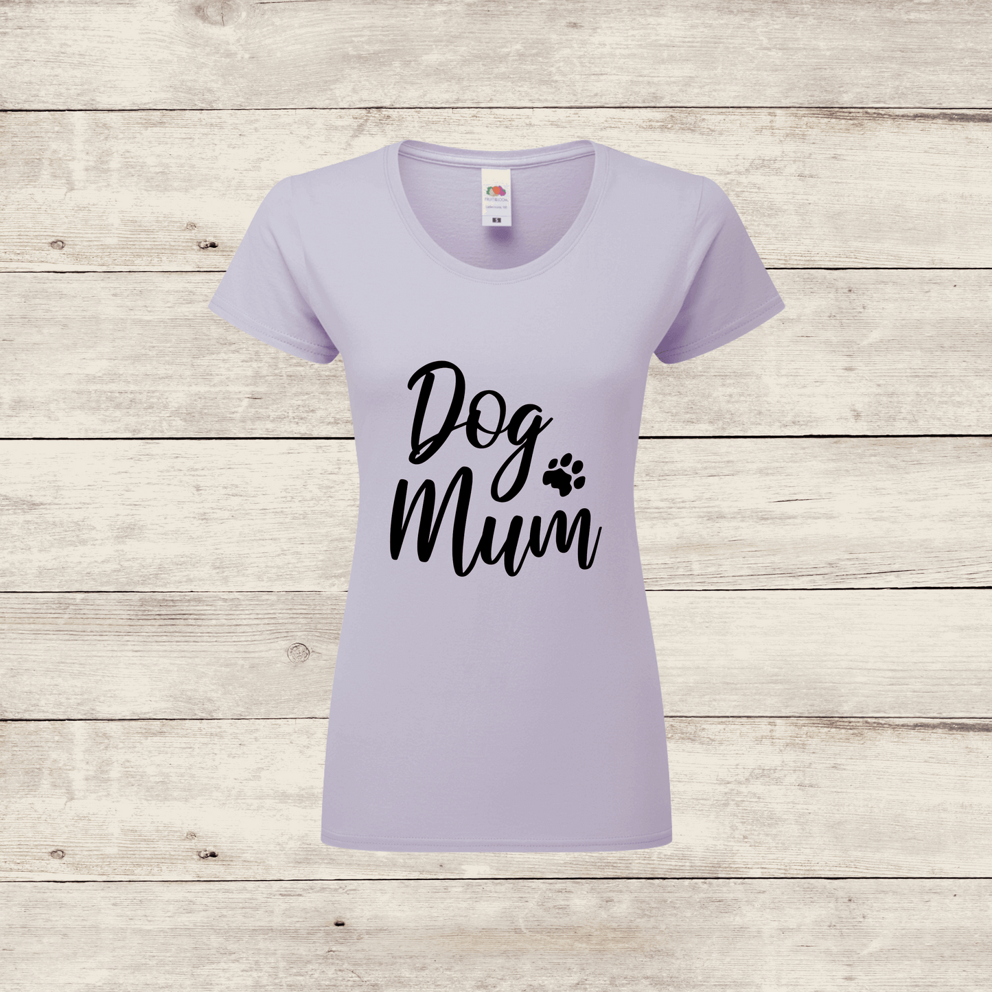 Lavender t-shirt with 'Dog Mum' text on a wooden surface