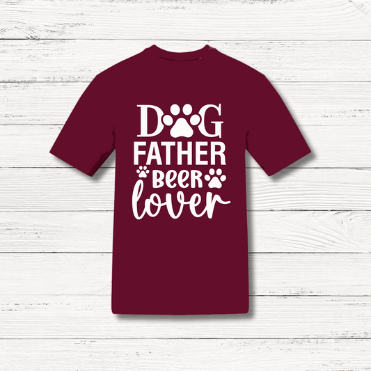 Maroon t-shirt with 'Dog Father Beer Lover' text on a wooden surface