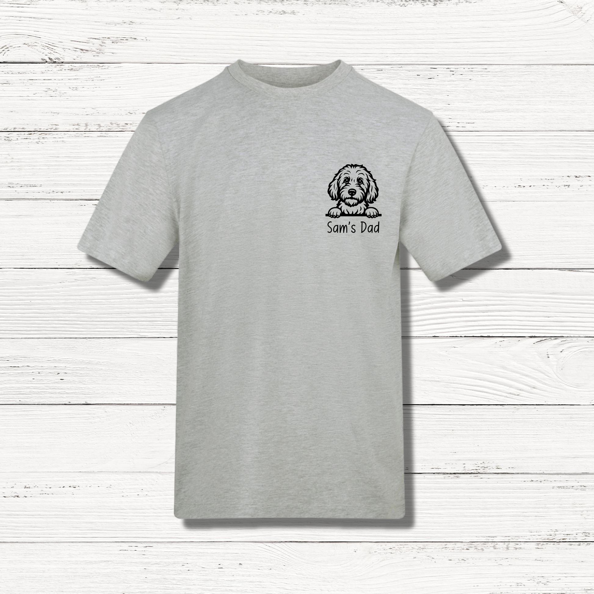 grey t shirt with dog outline and sam's dad in black