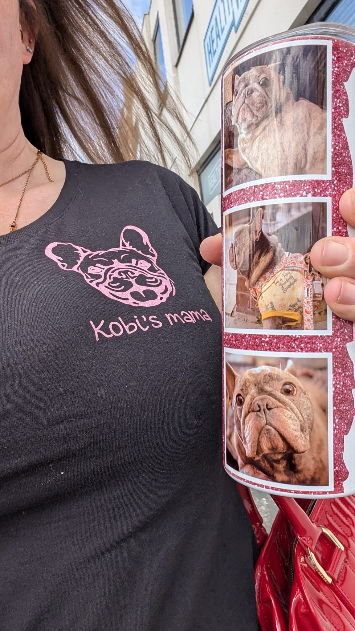 Person wearing a black t-shirt with pink dog graphic and text, holding a red photo album with dog pictures.
