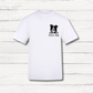 White t-shirt with a dog illustration and 'Bella's Mum' text on a wooden surface