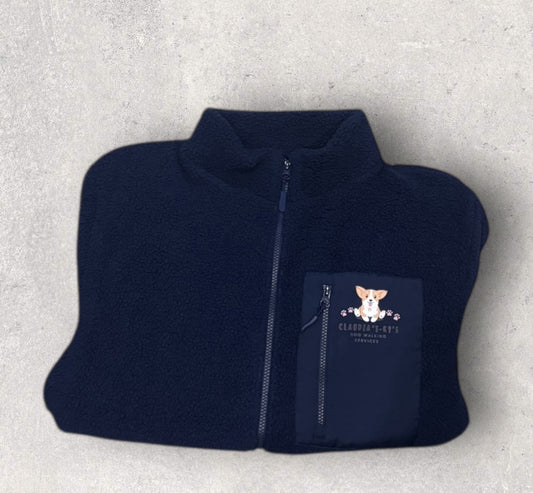 Navy blue fleece jacket with a pocket on a light gray background
