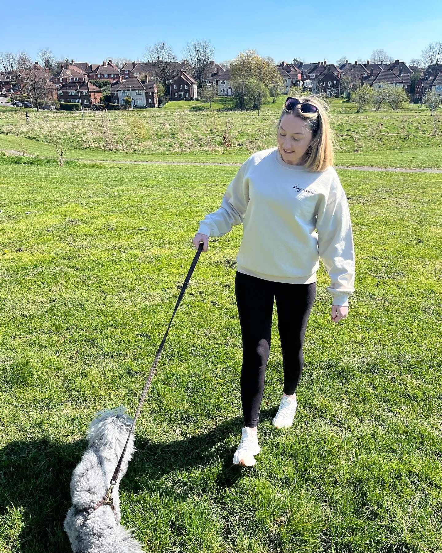 Woman walking a dog on a leash in a park with houses in the background