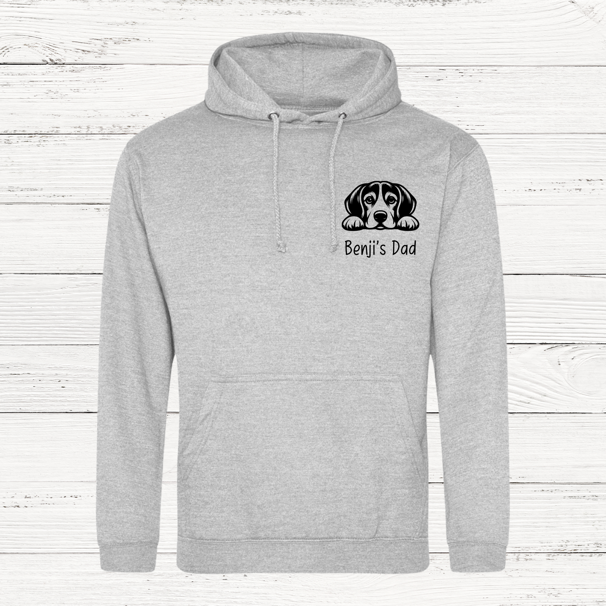 grey hoodie with dog outline and benji's dad in black