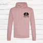 Pink hoodie with a dog illustration and text on a wooden background
