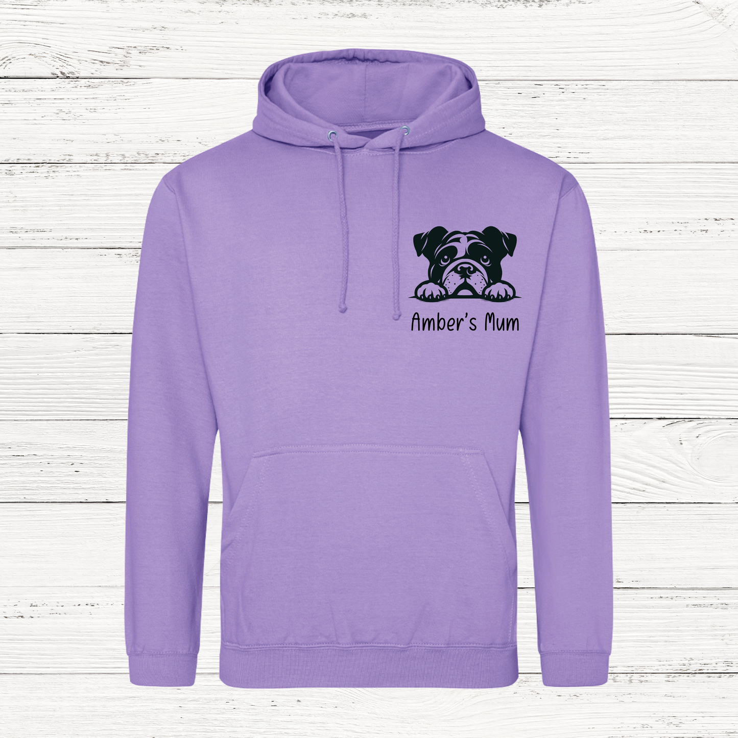 purple hoodie with dog outline and Ambers mum