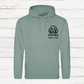 Green hoodie with a dog illustration and 'Sam's Dad' text on a wooden background