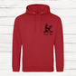 Red hoodie with a black dog illustration and text on a white wooden background