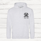 grey hoodie with a dog graphic and text on a wooden background