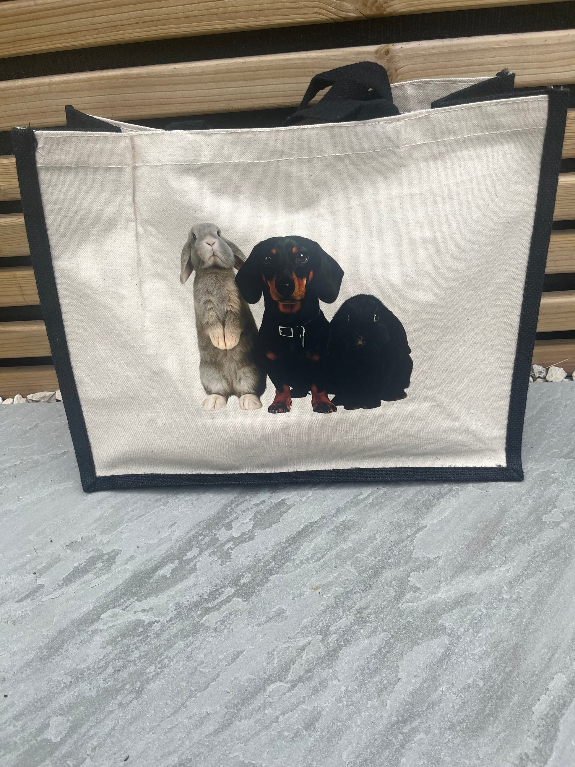 Personalised tote bag with a dog and 2 rabbits on