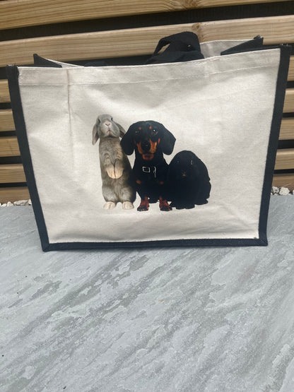 Personalised tote bag with a dog and 2 rabbits on