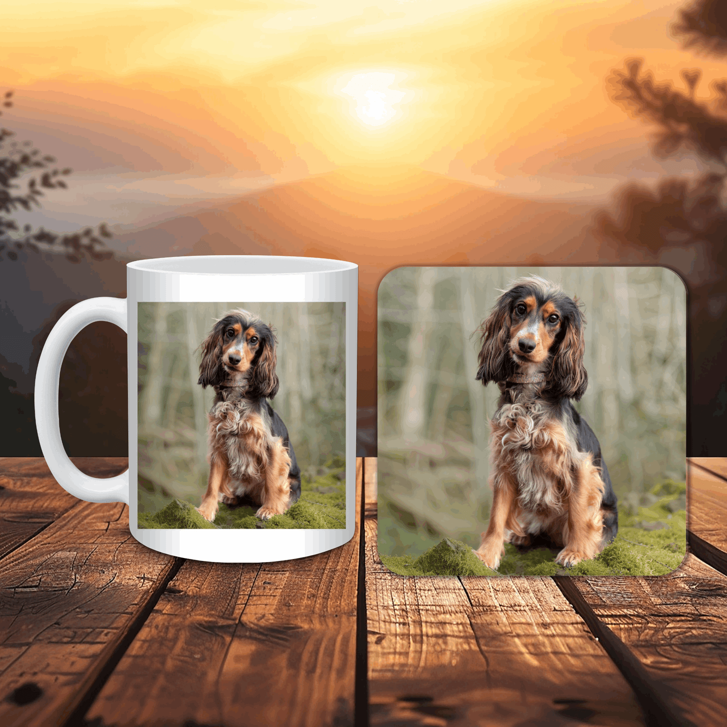 Mug and coaster set with a dog photo on a wooden surface with a sunset background