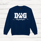 Navy blue sweatshirt with 'DOG mama' text and paw print on a white wooden background