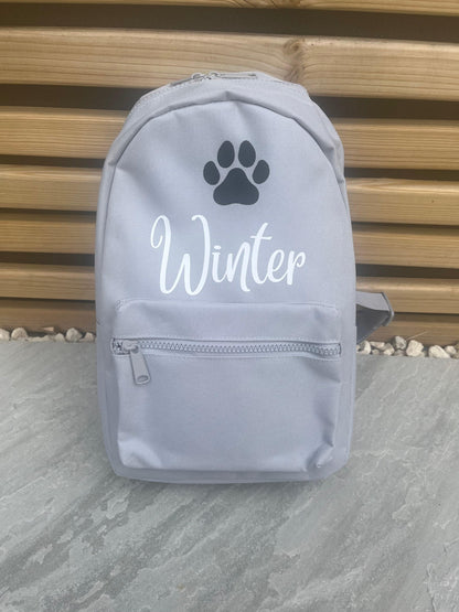 Gray backpack with a paw print and 'Winter' text on a wooden background