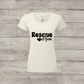 White t-shirt with 'Rescue Mum' text on a wooden surface
