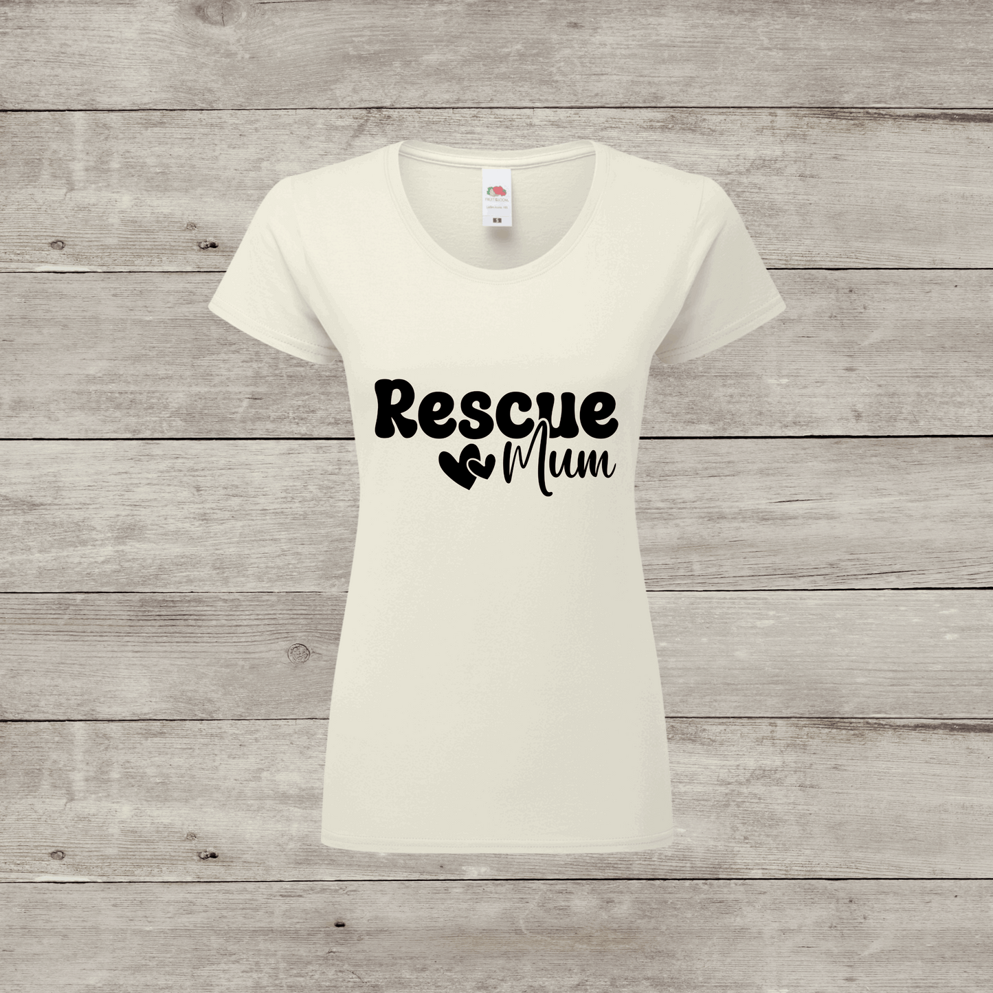 White t-shirt with 'Rescue Mum' text on a wooden surface