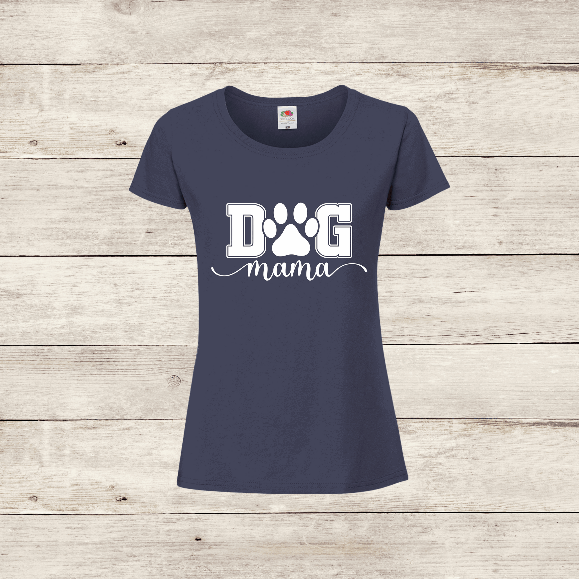 blue t shirt with dog mama in white