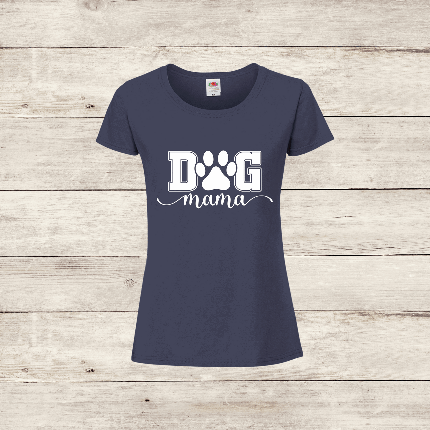 blue t shirt with dog mama in white
