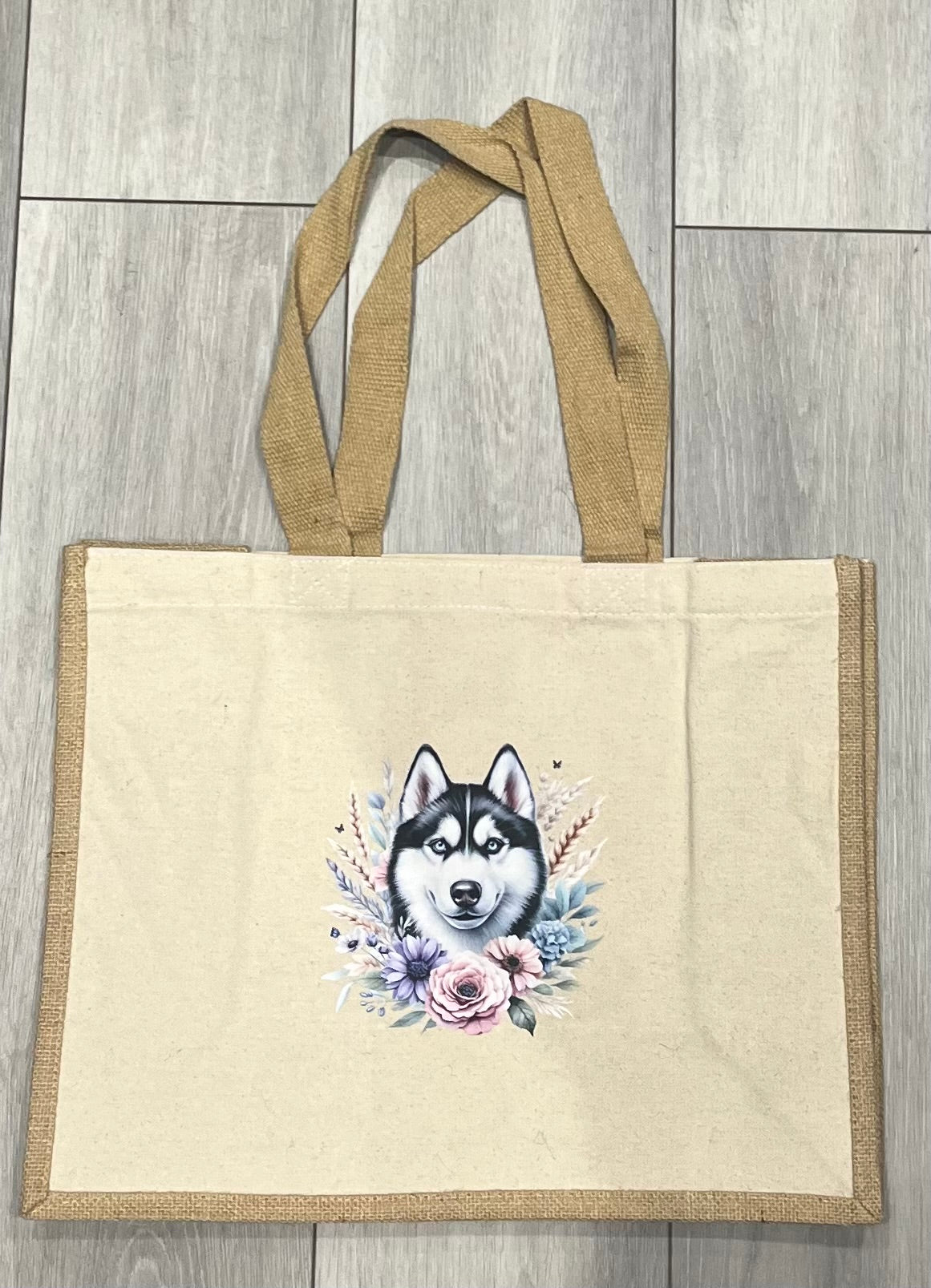 Personalised tote bag with a husky and flower design on