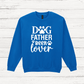 Blue sweatshirt with 'Dog Father Beer Lover' text on a wooden background