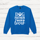 Blue sweatshirt with 'Dog Father Beer Lover' text on a wooden background