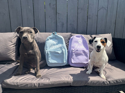 Two dogs sitting on a couch with two colorful backpacks in front of them.