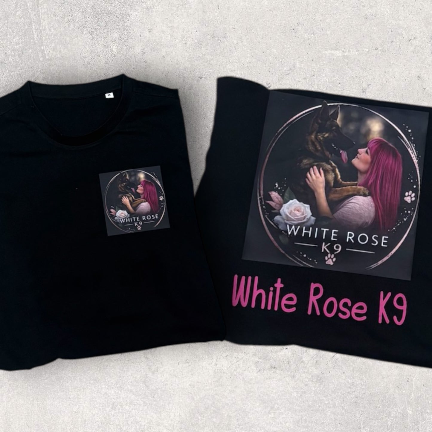Black t-shirt with 'White Rose K9' design on a light gray background