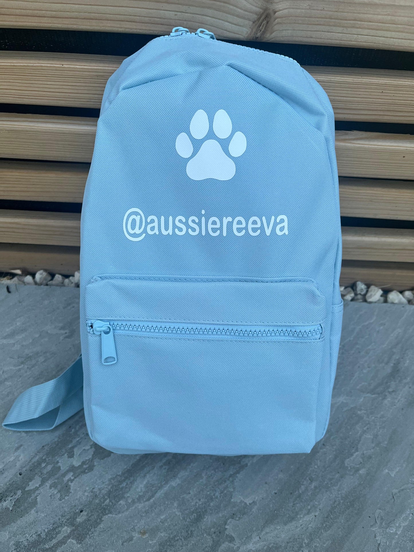Light blue backpack with a paw print and text on a wooden surface