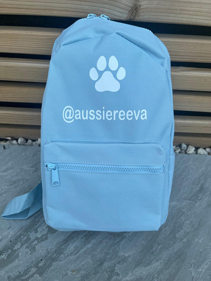 Light blue backpack with a paw print and text on a wooden surface