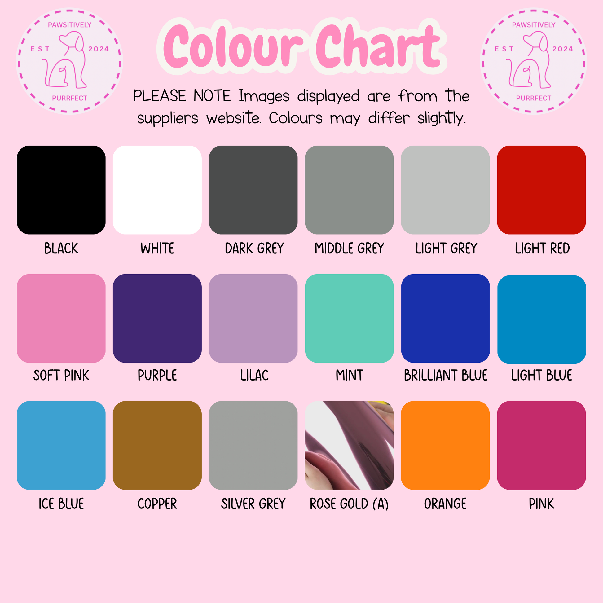 Color chart with various color swatches on a pink background