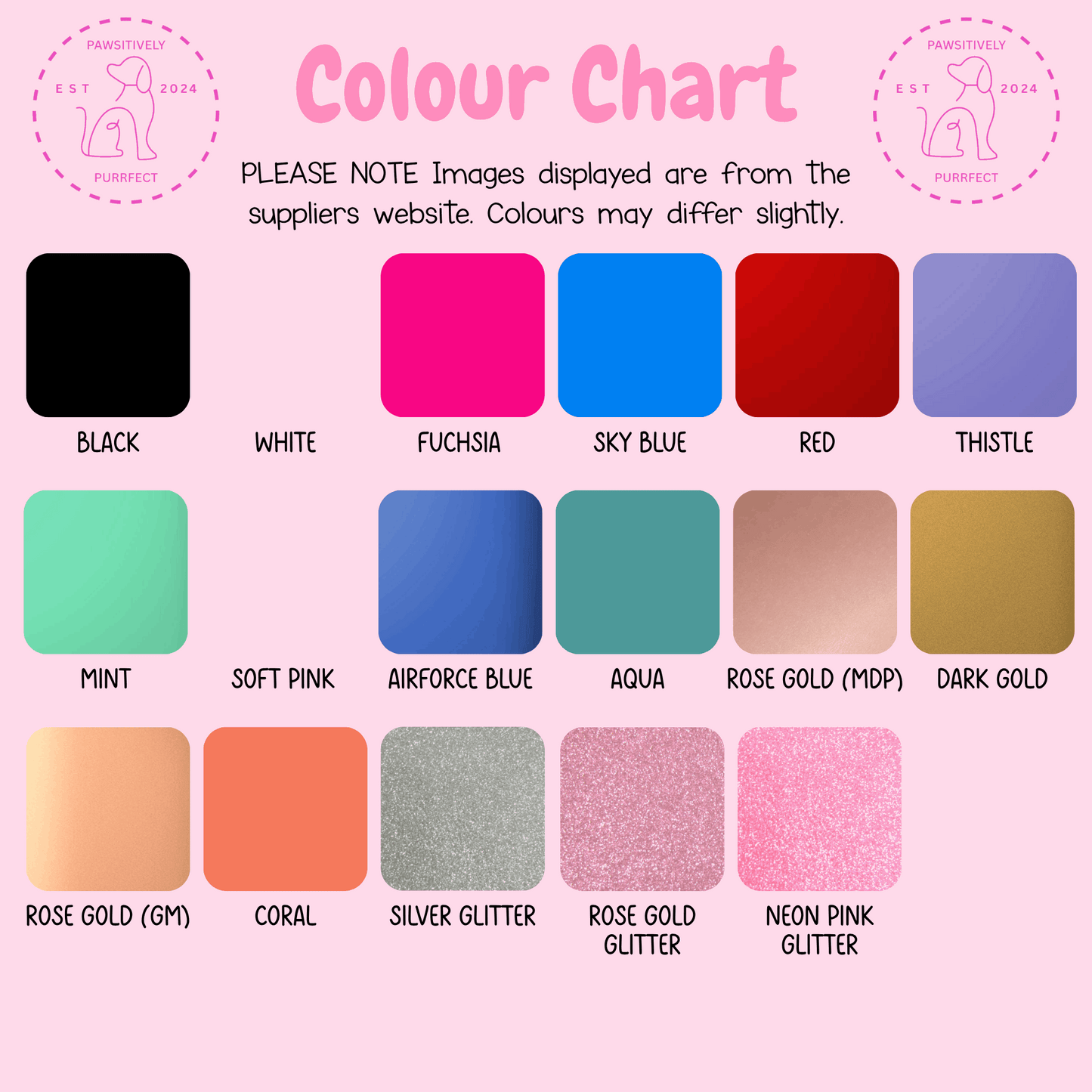 Color chart with various color swatches on a pink background