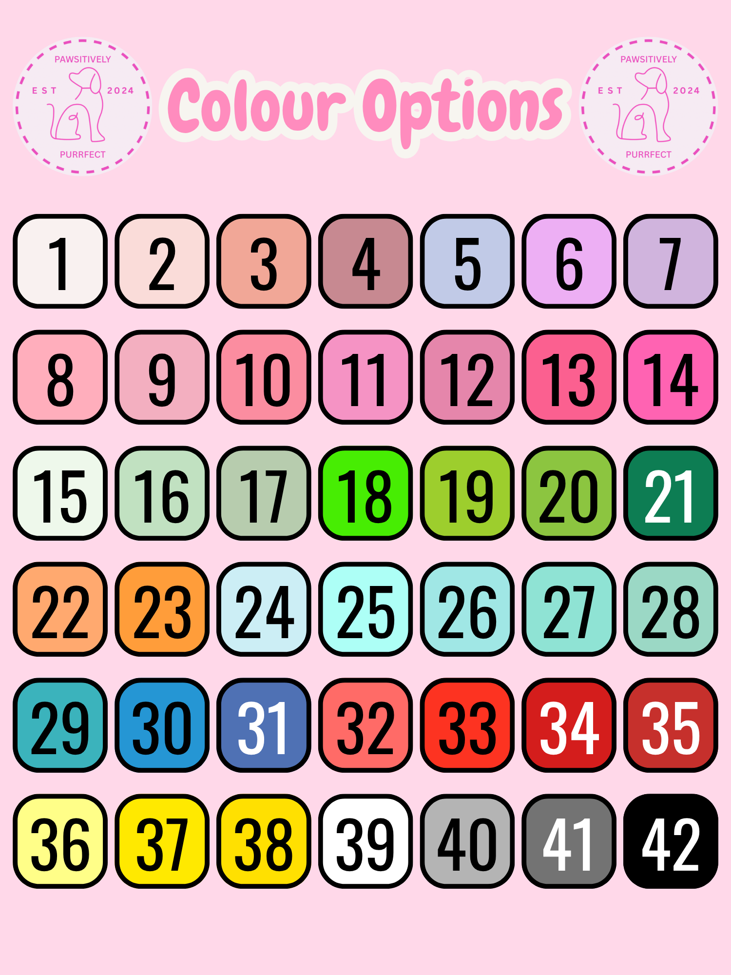 Color swatches labeled 1 to 42 on a pink background