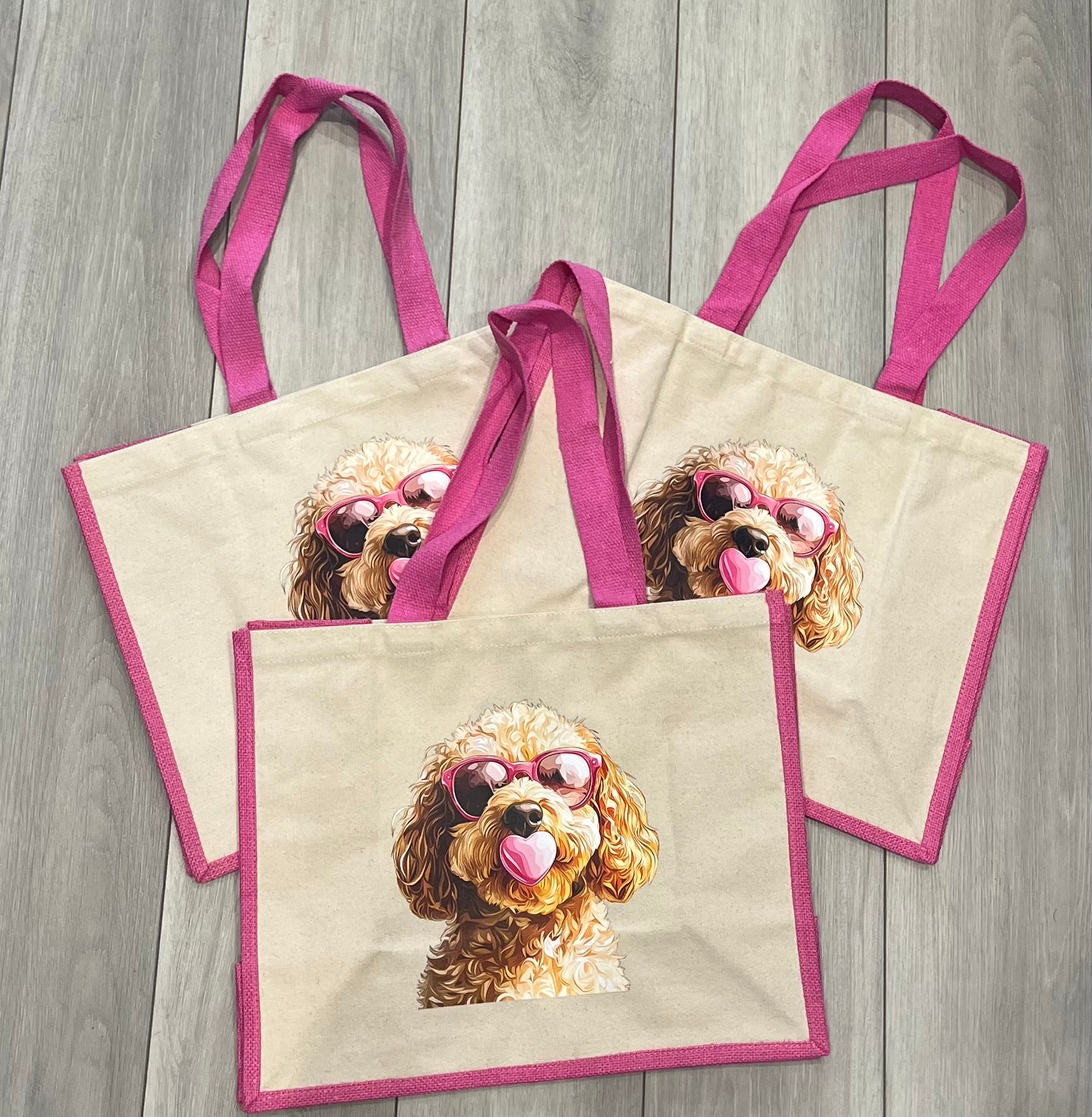 Personalised tote bag with ginger cockapoo and pink sunglasses