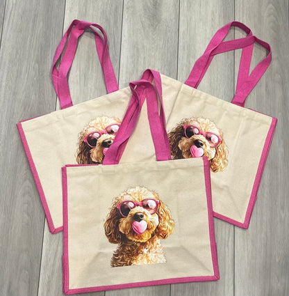 Personalised tote bag with ginger cockapoo and pink sunglasses