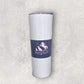 White tumbler with a blue label featuring horse and dog illustrations on a gray background