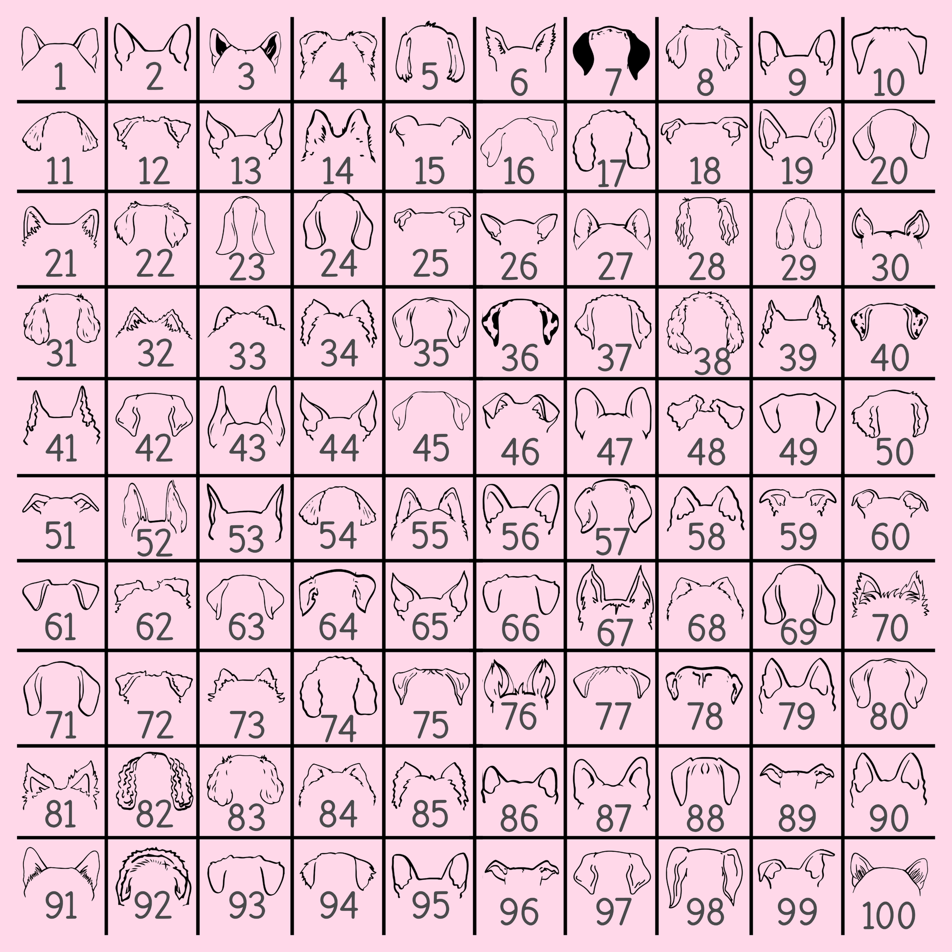 Grid of 100 dog ear designs on a pink background