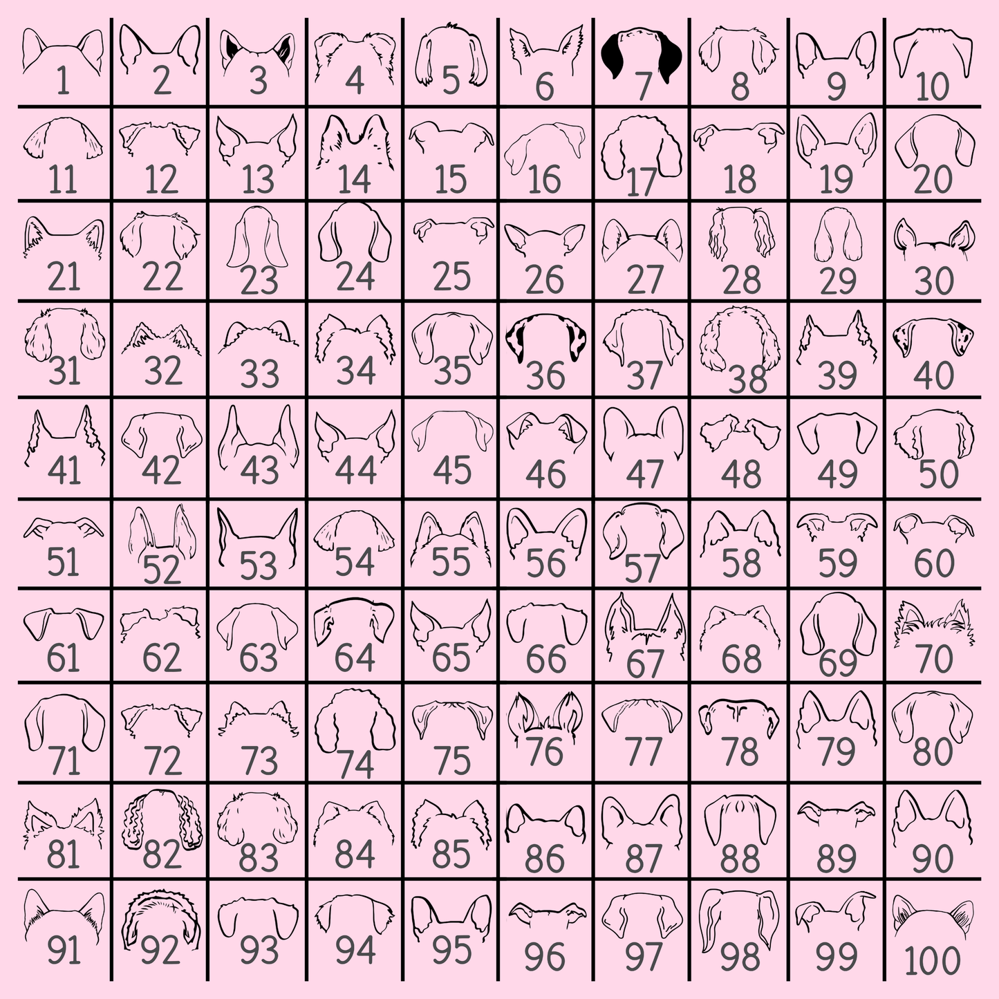 Grid of 100 dog ear designs on a pink background