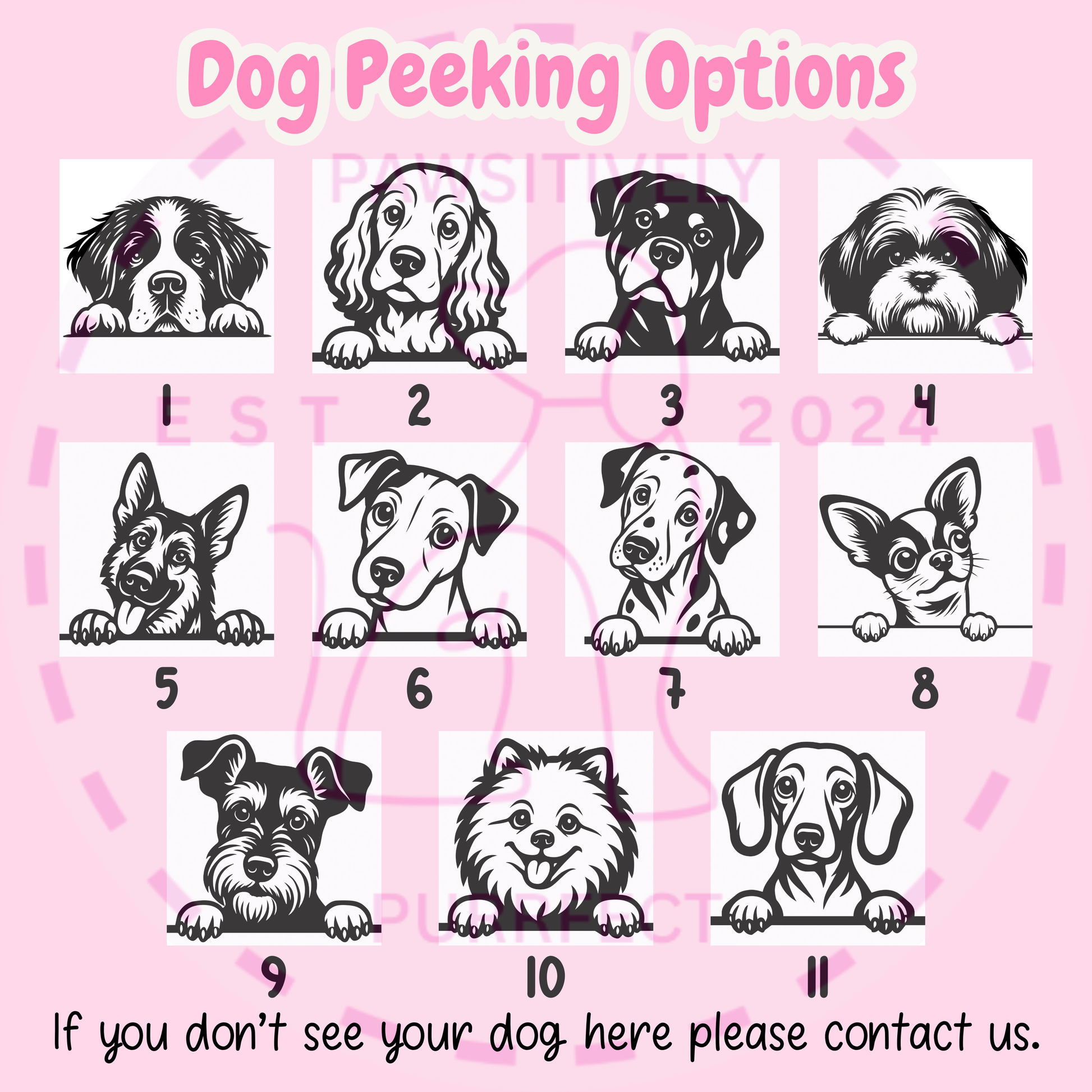 Illustrations of dogs peeking with various positions on a pink background